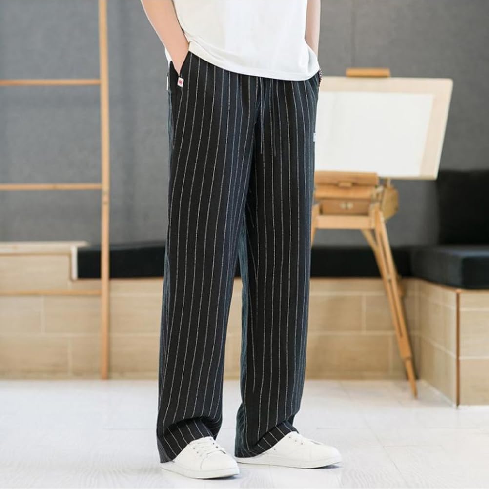 Pantaloni A Righe Da Uomo Leggero Casual Elastico in Vita Coulisse Ampio Gamba Larga Estate Dritto Pantaloni Di Lino