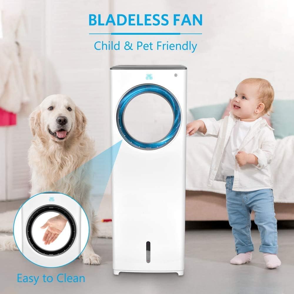 Trust Tech Bladeless Fan design, showing a child and a dog near the unit, emphasizing child and pet friendliness and easy cleaning.