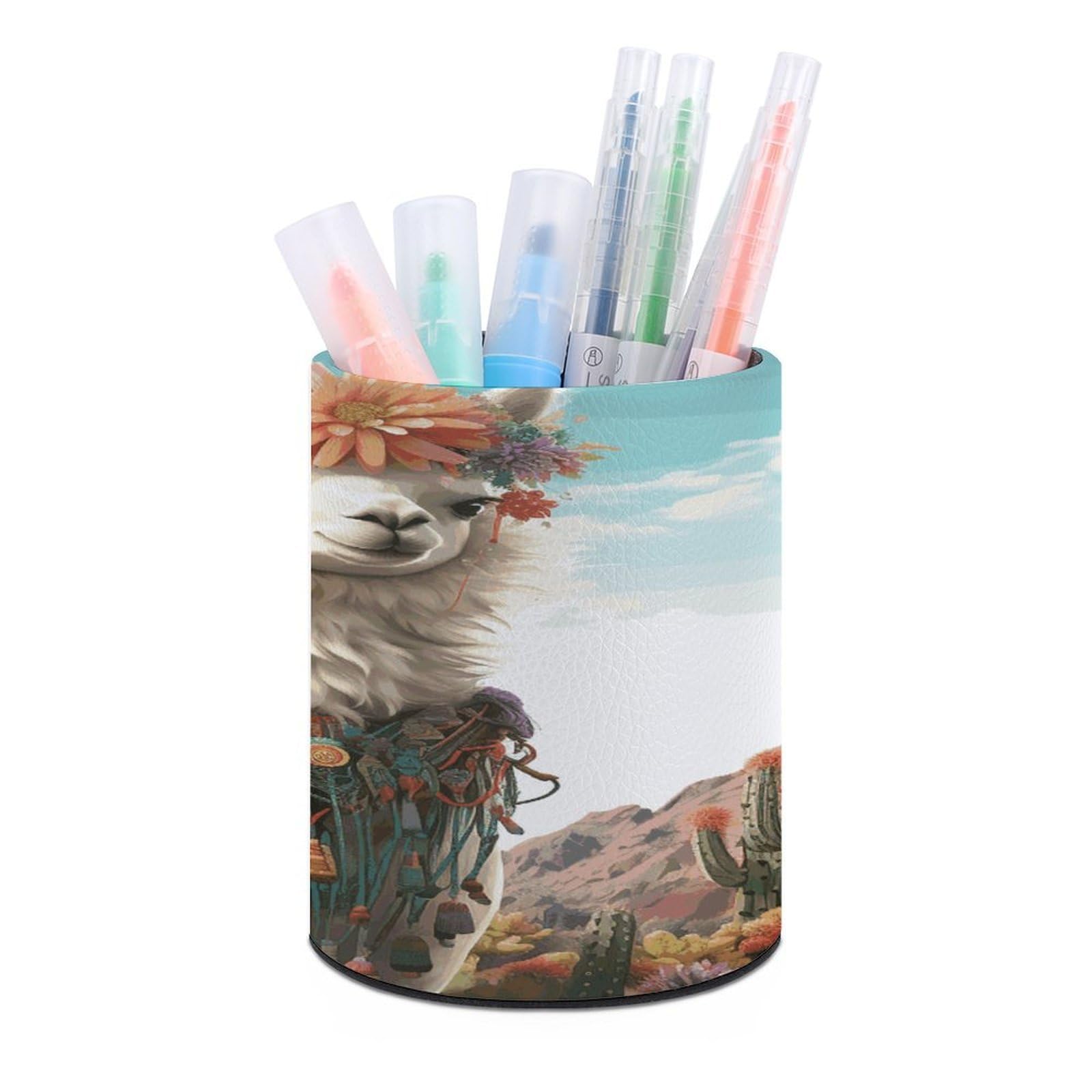 FekiLoot Round Leather Pen Holder - Multipurpose Desk Organizer, Modern Pencil Cup, Mexican Llama Cactus Pencil Holder, Unique Makeup Brush Holders for Office Home Supplies & Gifts