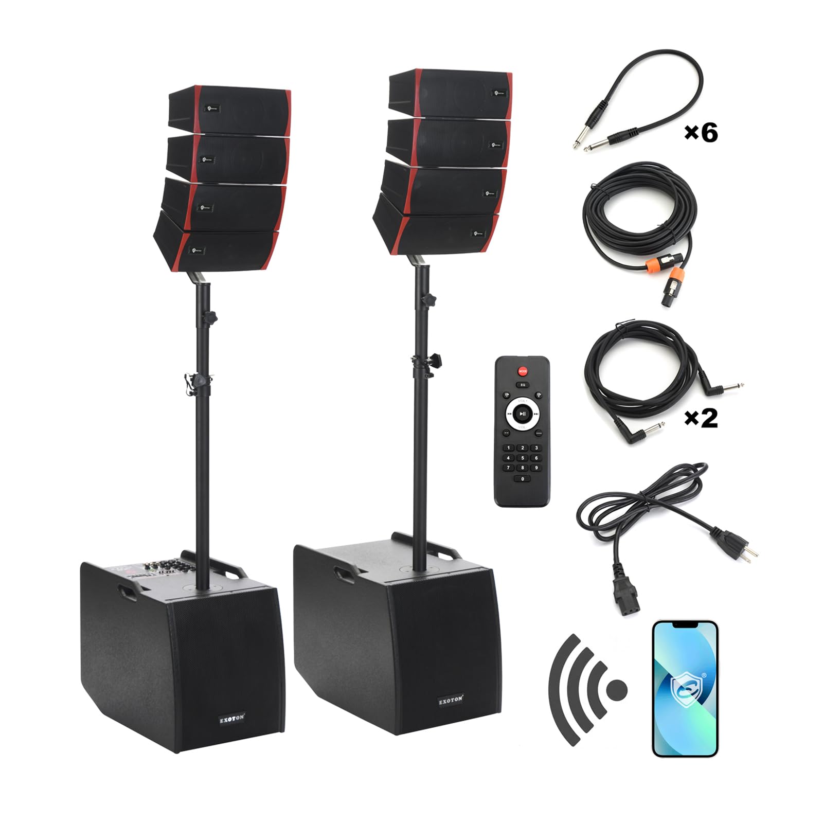 EXOTON LVP-212 12-inch Active Line Array System,3000w Professional Bluetooth PA Speaker，2 Subwoofer and 8 line Array Speakers,USB/SD Card,Remote Control,5-Band EQ(Wood Subwoofer)