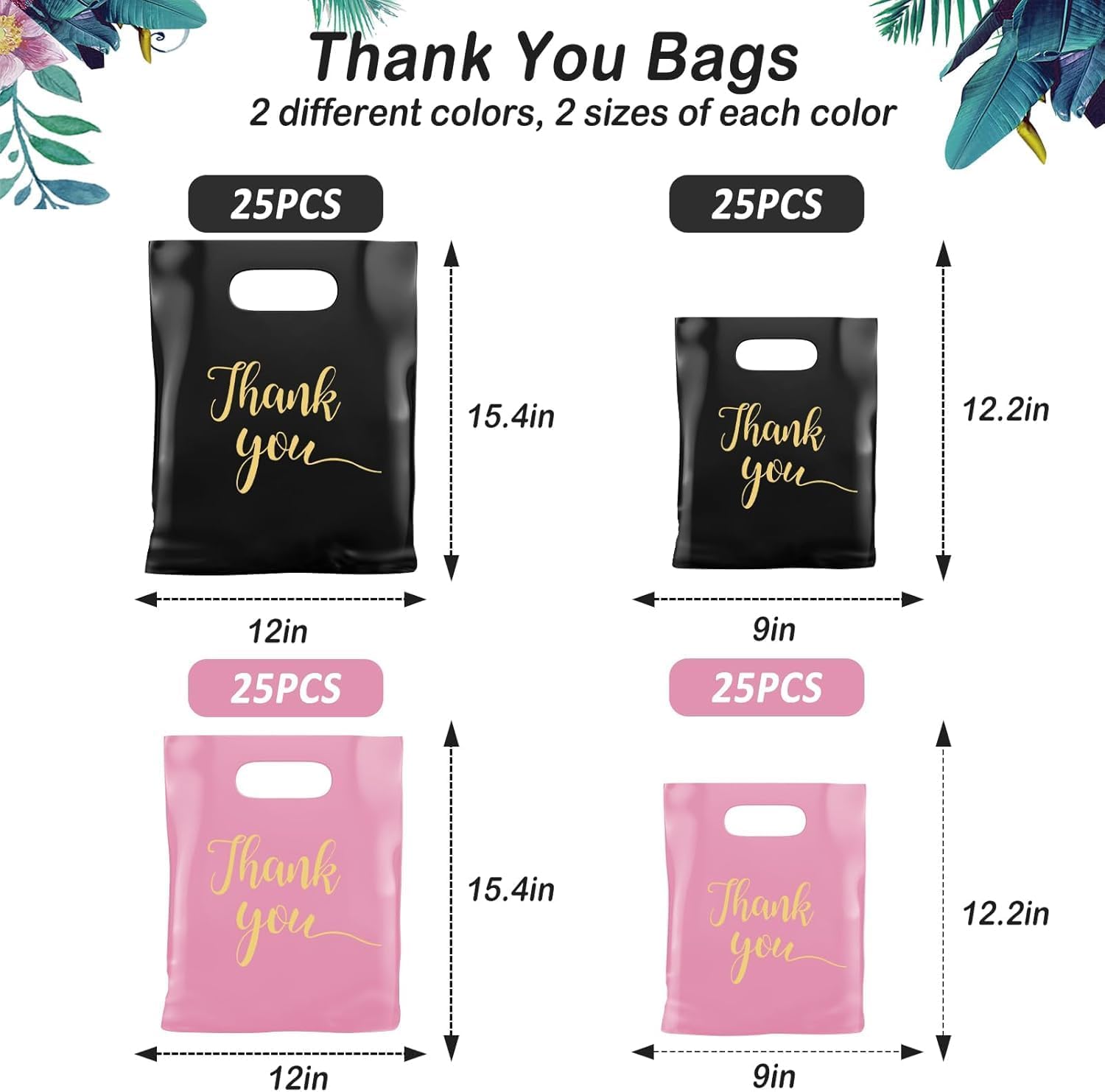100pcs Thank You Merchandise Bag, Shopping Bags with Handles Plastic Gift Bags Bulk Retail Goodie Boutique Bag for Party, Clothes, Business, Trade Stores Pink & Black, 12 x 15inch, 9 x 12inch - Image 2