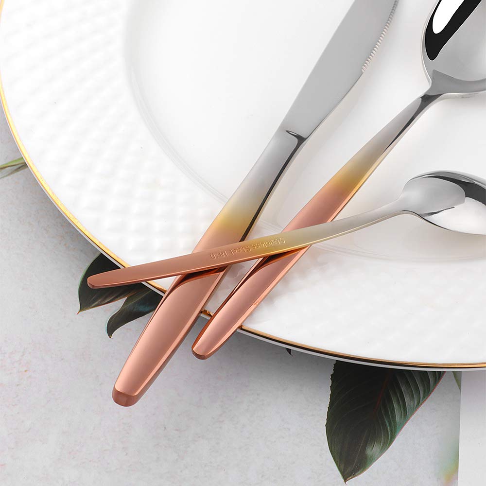 Bisda Juego de cubiertos de acero inoxidable con mango de color oro rosa, servicio de cubiertos de 16 piezas para 4 personas, Cucharas de sopa Tenedores Cuchillos Juego de cucharaditas