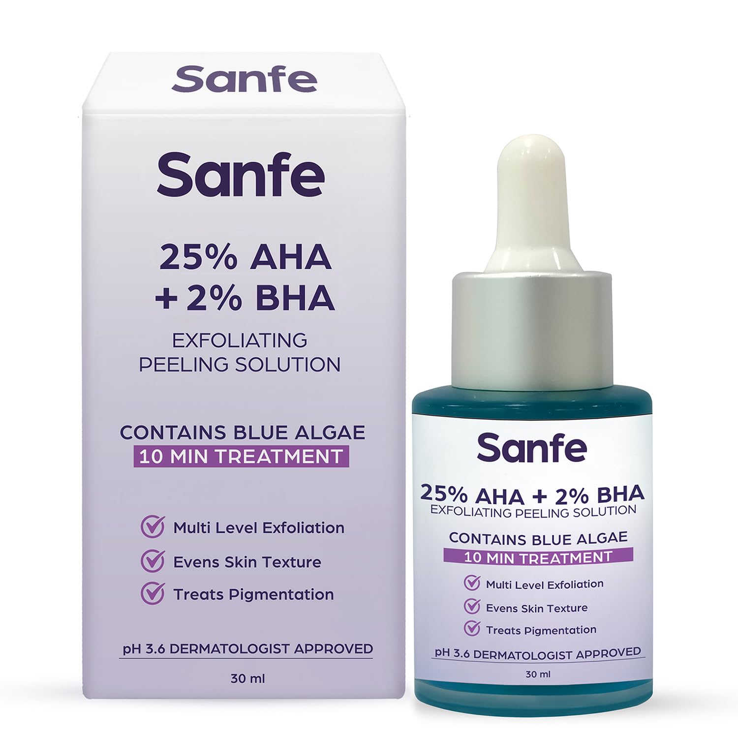 Sanfe 25% AHA + 2% BHA Peeling Solution For Face & Body | Exfoliates, De-tan & Removes Ingrown Hairs | Serum | 10min Treatment, 30ml 1.5% W/w Salicyric Acid