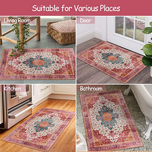 Moynesa Ultra-Thin Washable Pink Area Rug - 2x3 Small Pink Washable Bedroom Rug Entry Mat, Vintage Non-Slip Non-Shedding Low Pile Indoor Throw Carpet for Laundry Living Room Hardwood Floors Kitchen