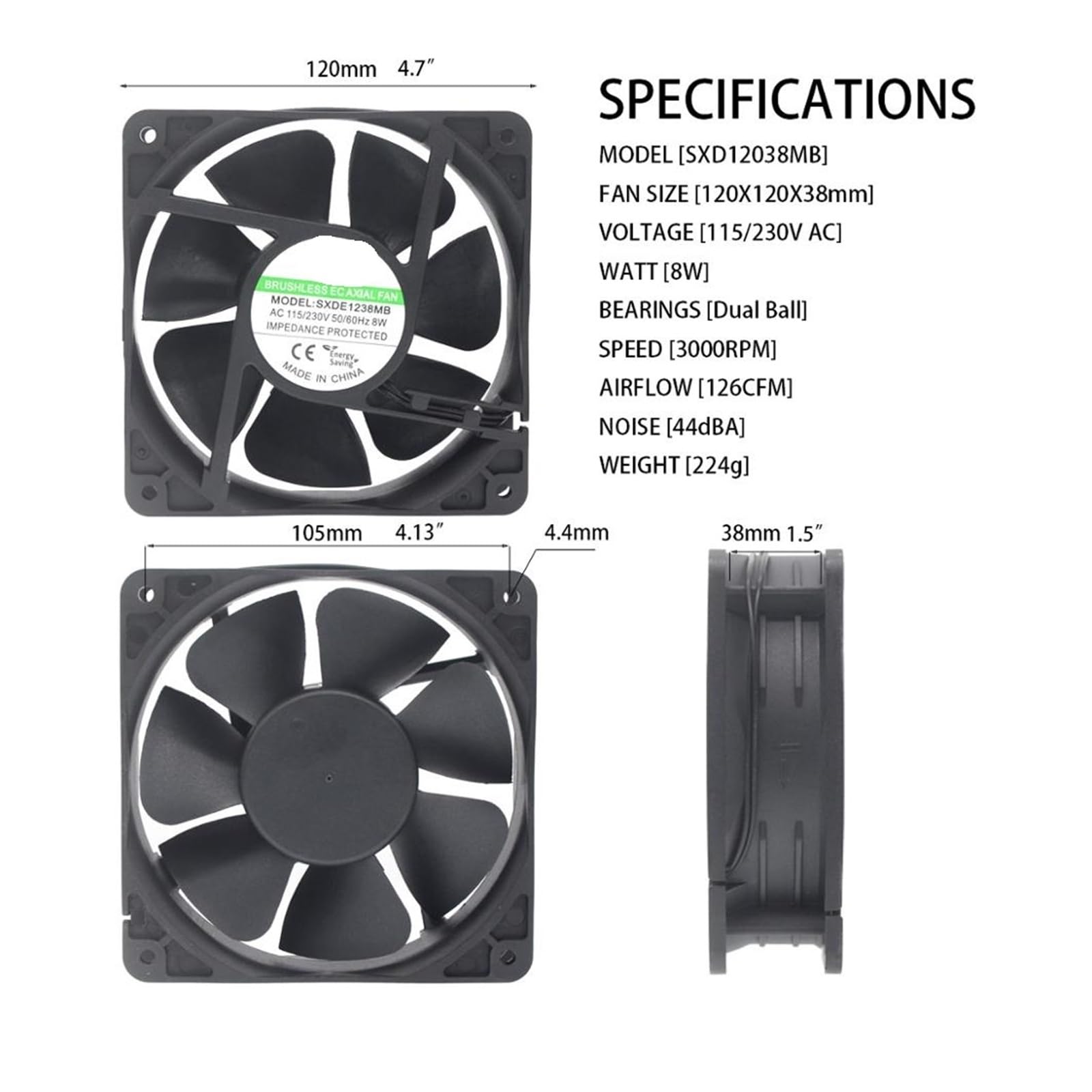 Ventilador de refrigeración 120 mm x 38 mm CA 110 V 115 V 220 V 230 V ventiladores de doble bola 3000 RPM 126 CFM