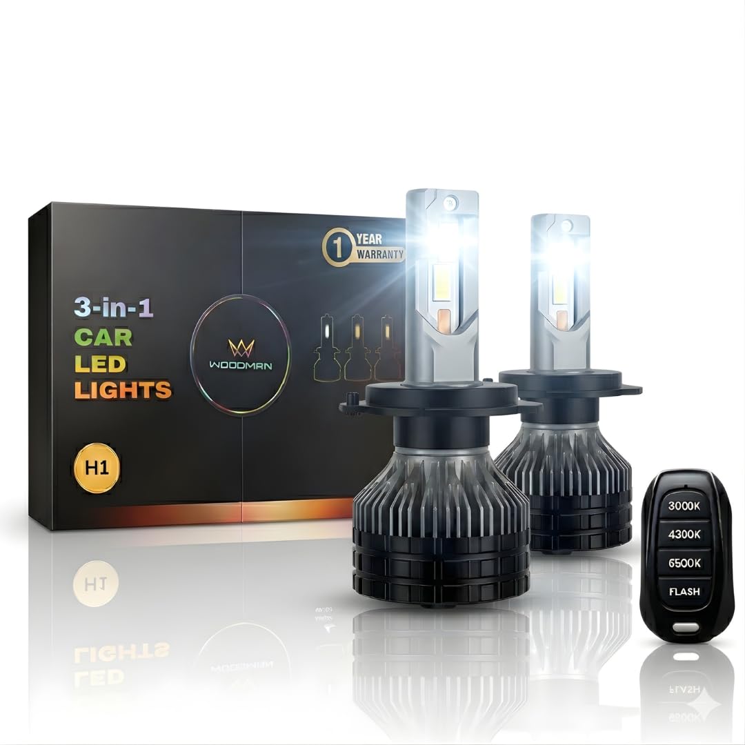 WOODMAN 3-in-1 Tri-Color 200W H1 LED Car Headlight Bulbs - 3 Color Modes (White/Warm White/Yellow) | 12000 Lumens | Plug & Play | 1 Year Replacement | Pack of 2 with Remote (H1,200W)-image-41