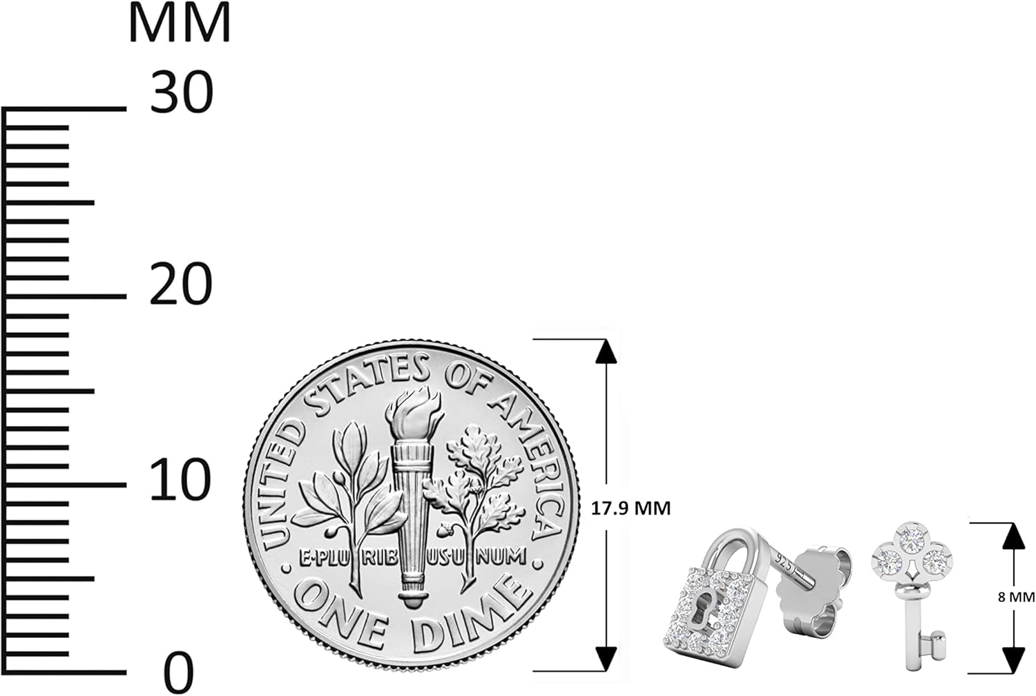 925 Sterling Silver Stud Earrings for Women Key and Lock Cubic Zirconia Stud Earring for Women