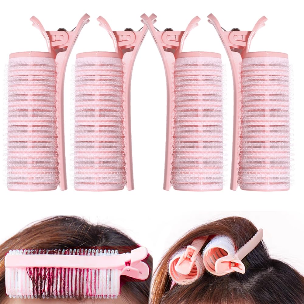 Ouliget 2 in 1 Bangs Hair Rollers with Clip Hair Styling Clips Set,Volumizing Clips Root Lifting,Portable Bangs Curler DIY Volume Clip for Fluffy Hairstyles,4 PCS Pink 1 Count (Pack of 4)