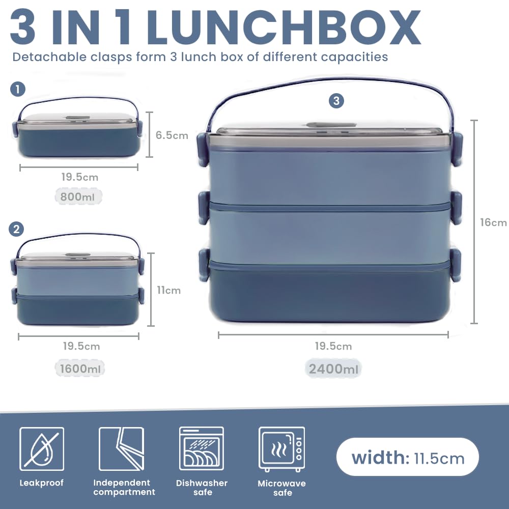 Bugucat Lunch Box 1400ml 4 Pezzi, Bento Box Con 3 Scomparti E Divisorio, Posate E Borsa Termica, Microonde E Lavastoviglie, Per Adulti E Bambini