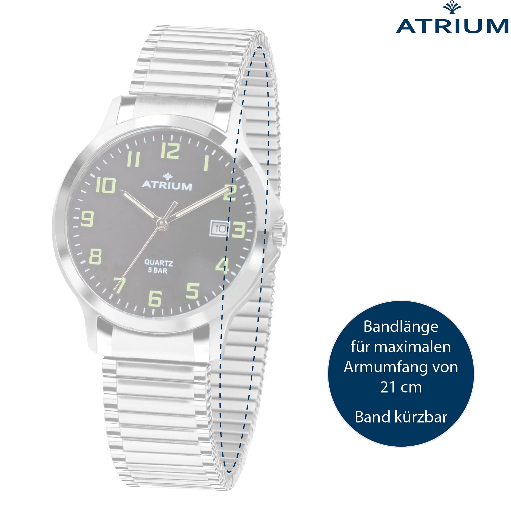 Atrium Herren Armbanduhr Edelstahl Analog Quarz mit Datum Anzeige und Edelstahl Zugband Flexband Silberfarben A12-51