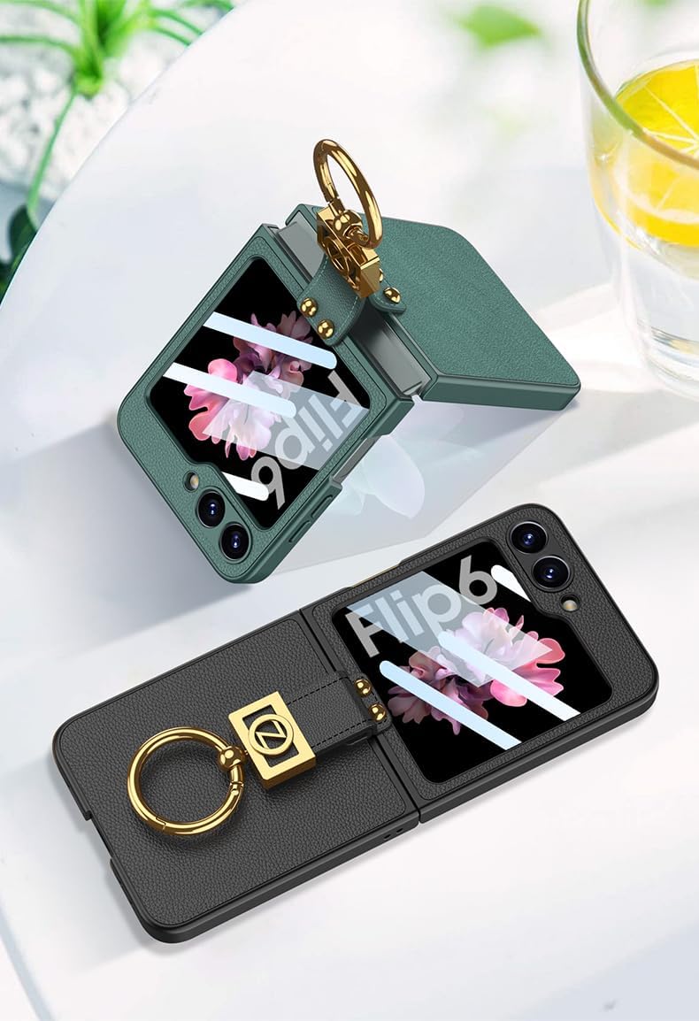 SHIEID Z Flip 6 Case with Ring Stand - Ultra-Thin Leather, Shockproof Protective Cover with Built-in Small Screen Protector for Samsung Galaxy Z Flip 6 Phone Case, Forest Green