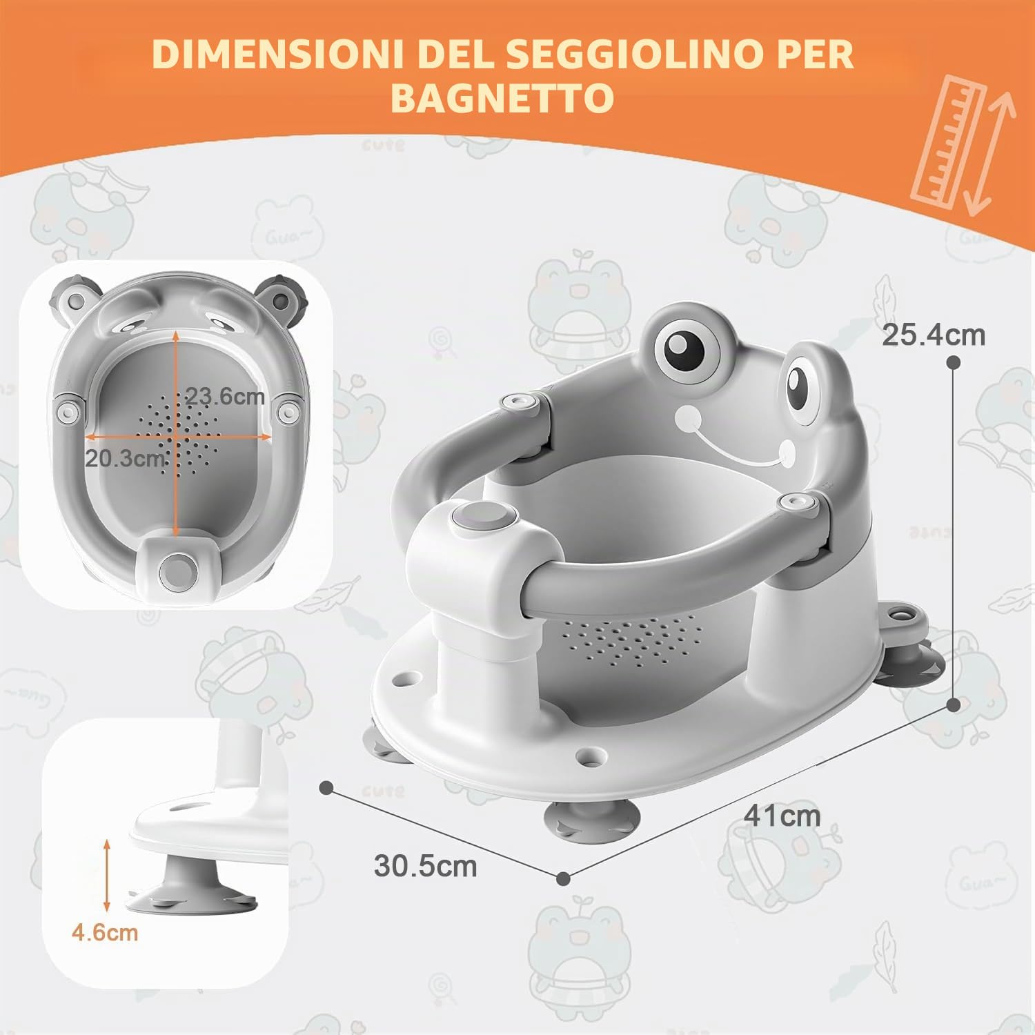 Seggiolino Doccia Bimbo, Seggiolino per Vasca da Bagno per Bambini a Partire da 6 Mesi, Seggiolino da Bagno Antiscivolo con 4 Potenti Ventose,per Doccia o Vasca(Grigio)