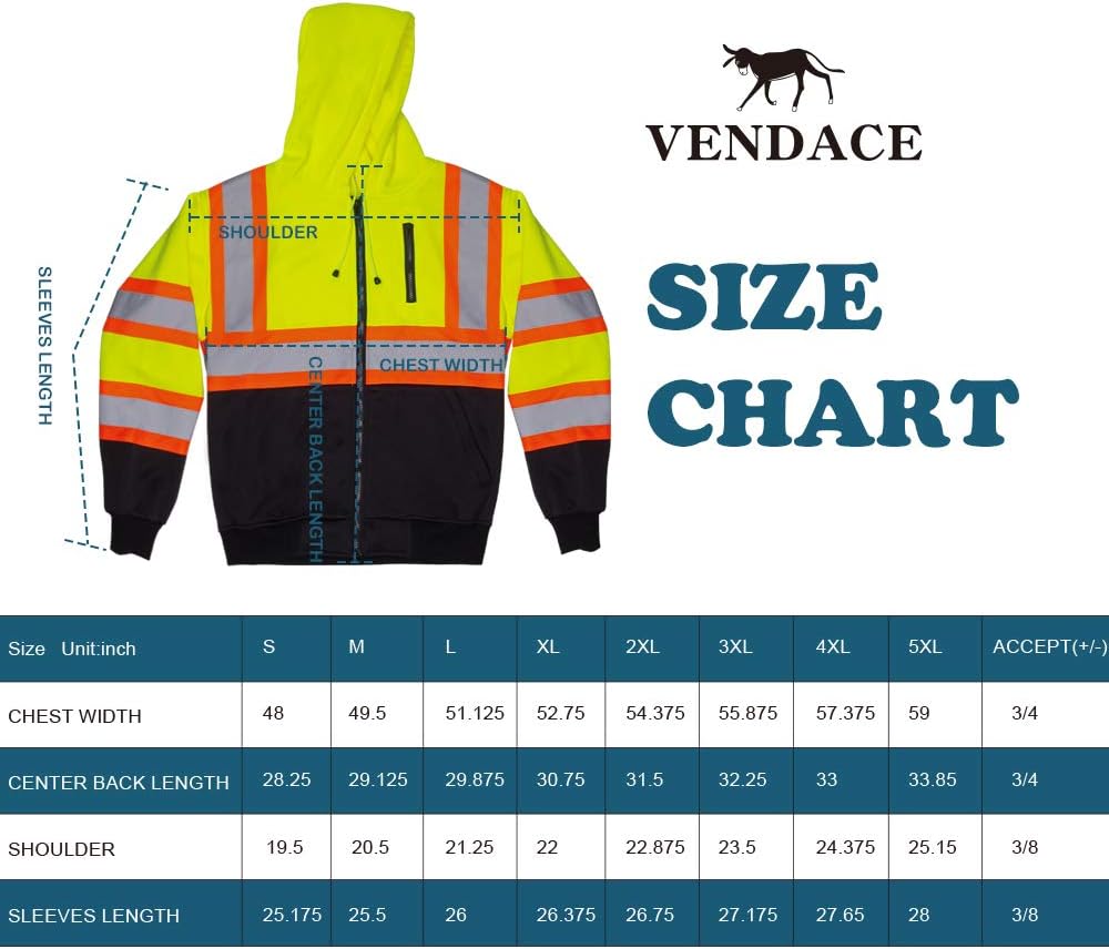 VENDACE Men's ANSI Class 3 High Vis Safety Reflective Sweatshirt Wool Fleece Zipper Jacket Hoodie with Black Bottom(Yellow,5XL) - - 
