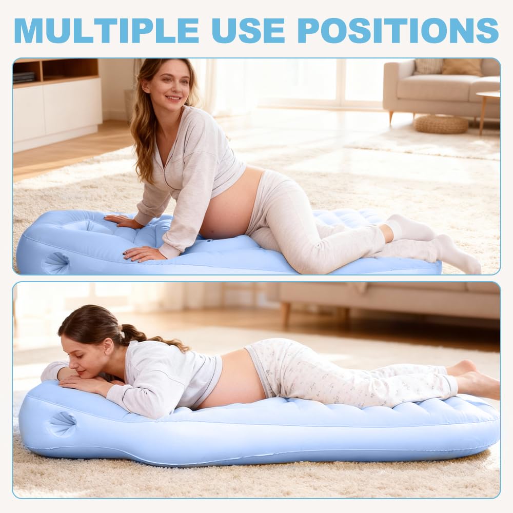Aufblasbares Schwangerschaftskissen, Yogamatte für Schwangere mit Loch, Tragbares Kissen zum Schlafen, Beflocktes PVC Luftbett (Blau)