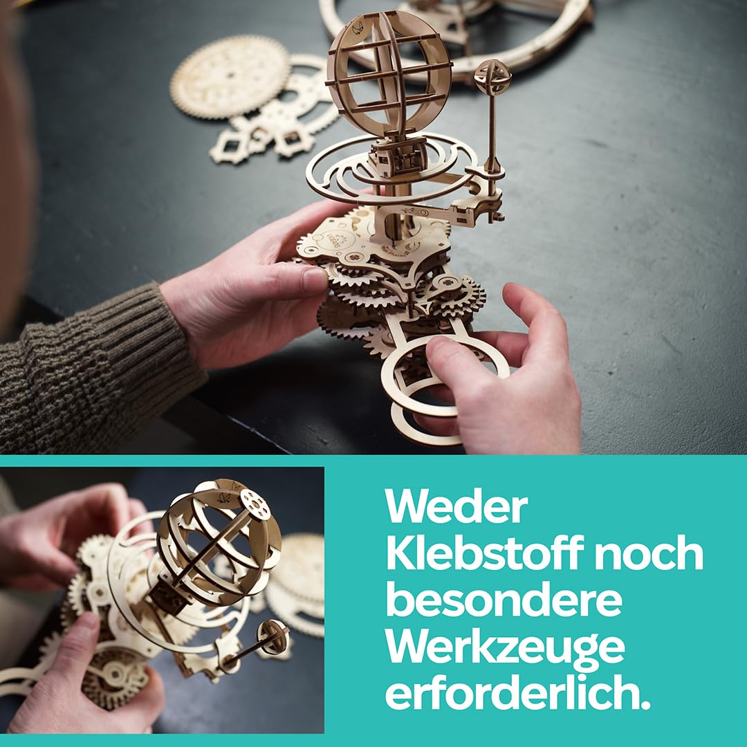 UGEARS Mechanisches Tellurion 3D-Puzzle – Vatertagsgeschenk, ERD- und Mond-Puzzle, 3D-Holzpuzzle für Erwachsene – Modellbausätze für Erwachsene zum Bauen – pädagogischer Sonnensystem DIY-Planetarium