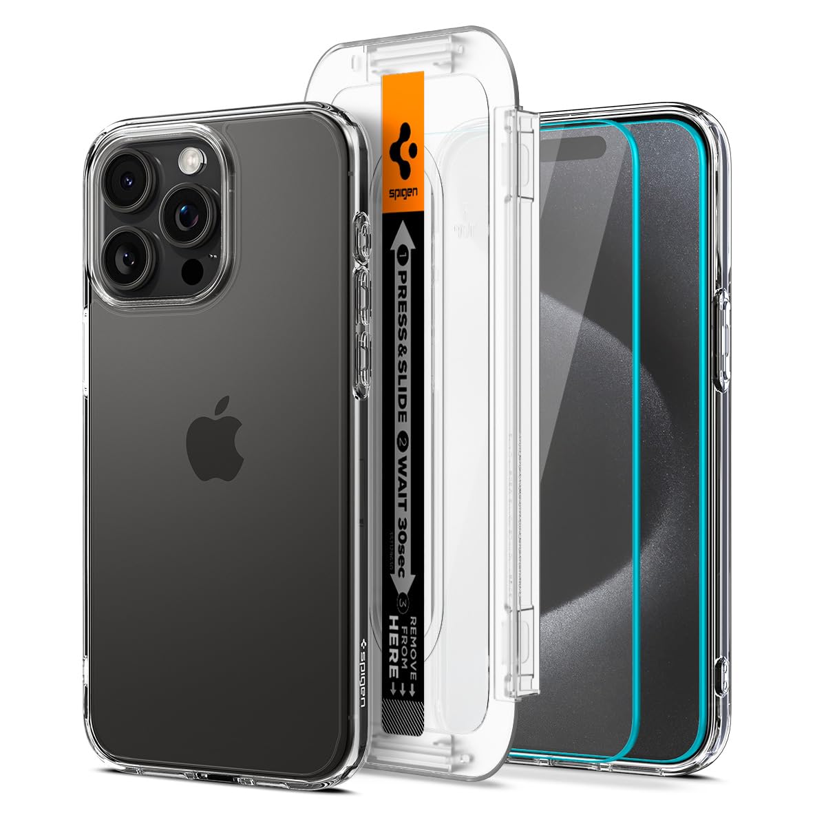 Spigen iPhone 15 Pro Cam Ekran Koruyucu Kolay Kurulum Glas.tR EZ Fit Slim HD (2 Adet) - AGL06892 & iPhone 15 Pro Kılıf Ultra Hybrid Crystal Clear - ACS06707
