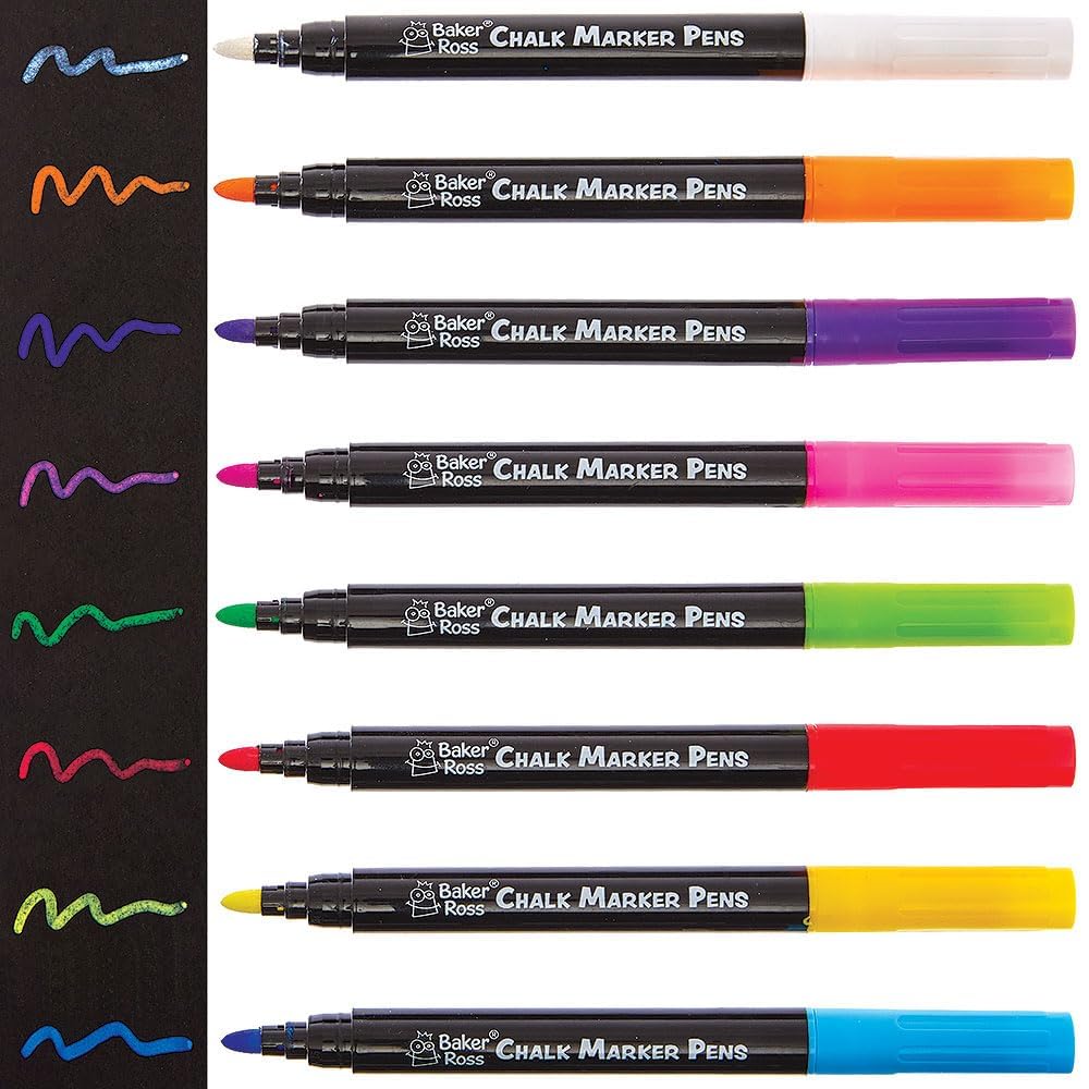 Baker Ross FN266 Chalk Markers - Pack of 8, Vibrant Colours for Creative Writing and Drawing on Chalkboards and Windows