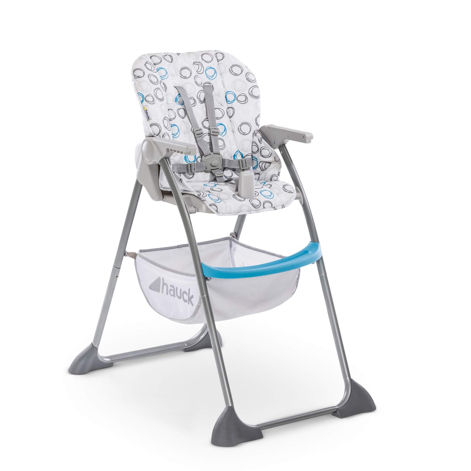 hauck Seggiolone Pappa Sit N Fold - Seggiolone Portatile da 6 Mesi fino a 15kg - Pieghevole, Compatto con Vassoio e Schienale Regolabile - Grande Cesto Portaoggetti - Blu/Grigio, Cerchi