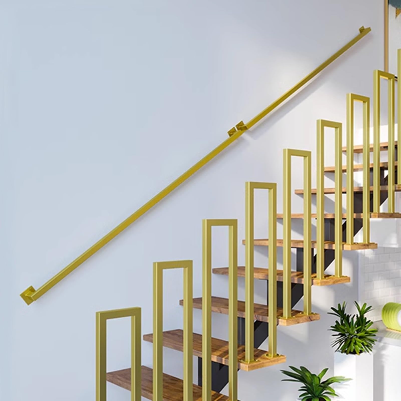 Attrex Gold 30-600Cm Staircase Banister Handrail Square Pipe Railing, Black/White/ Metal Wrought Iron Wall Mounted Hand Rails For Outdoor Indoor Steps Stairs Balusters(,16Ft/480Cm)