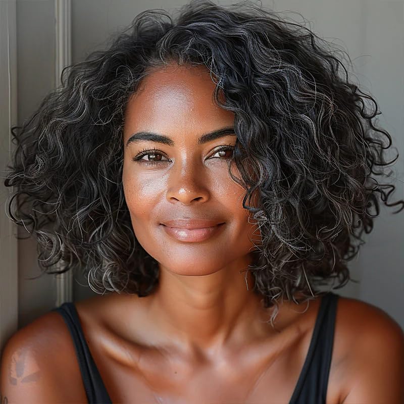 SOUL LADY Dark Salt And Pepper Water Wave 5x5 HD Lace Closure Wigs Human Hair 200% Density Wear and Go Glueless Bob Wigs For Black Women 12 Inch