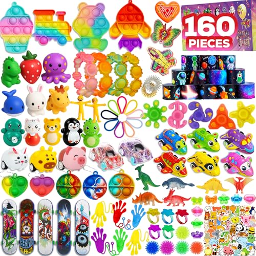 160 Pcs Fidget Toys Party Favors Pack, Randomly Selected Pop Sensory Set Gifts Stickers for Kids Adults Boy Girl Stocking Stuffers Autistic Bulk Goodie Bag Filler Treasure Box Classroom Prizes School
