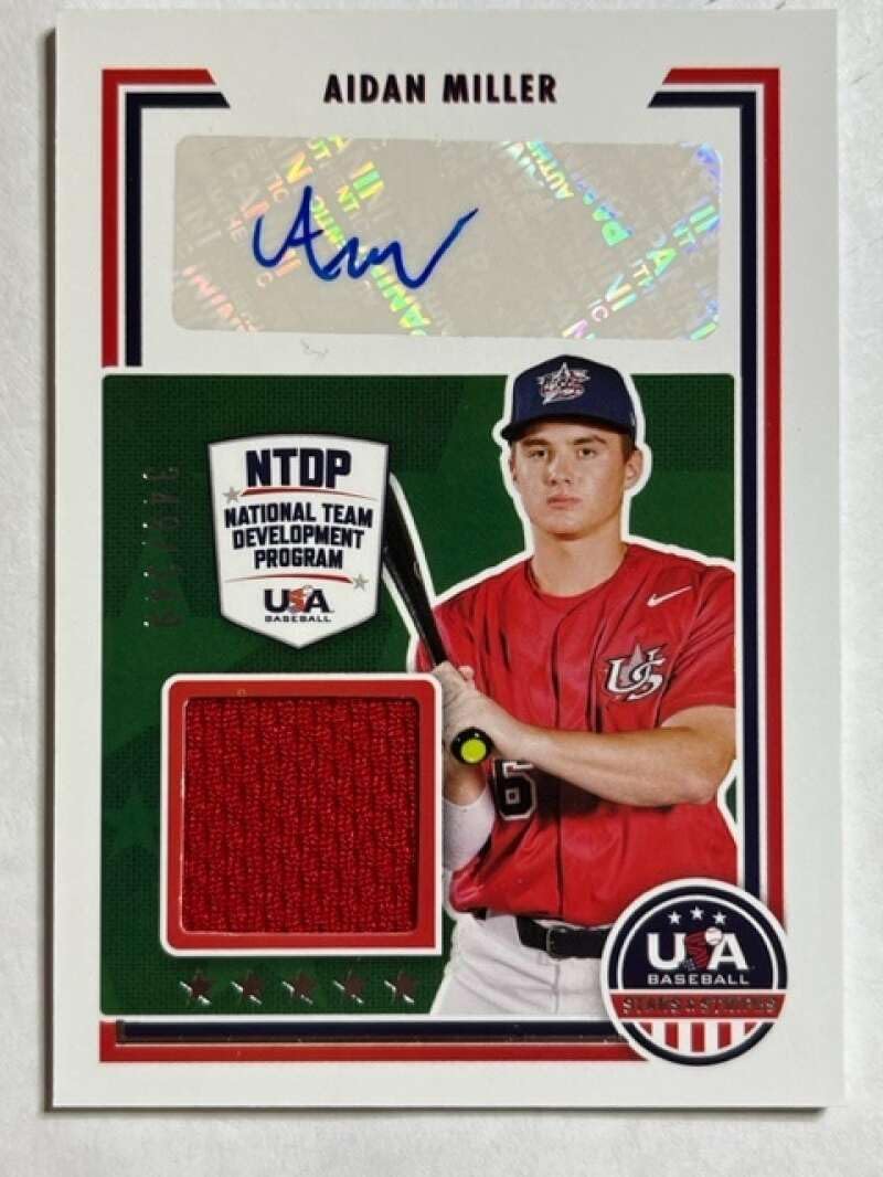 2022 Panini Stars and Stripes Signatures RED SWATCH Jersey #71 Aidan Miller Jersey/Relic Auto Autograph SER/349 National Team Development Program Official USA Baseball Card in Raw (NM or Better) Condition