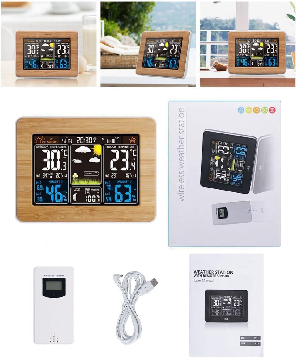 Electronic Color Screen Weather Forecast Clock, Black Radio Wave Clock, Multi-Functional Electronic Alarm Clock, RF Wireless Weather Clock