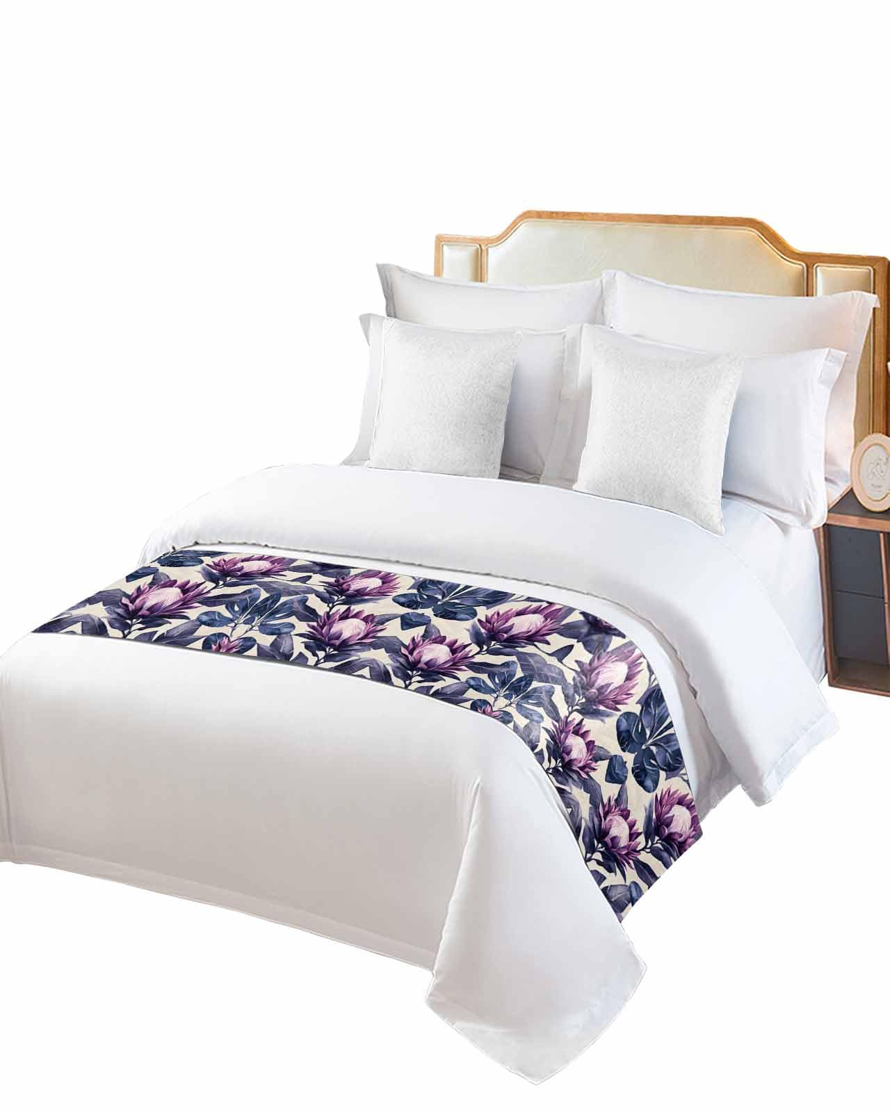 DecorLovee Blue Purple Botanical Bed Runners for Twin Size Bed, Decorative Bed Throws for Foot of Bed, Spring Flowers Summer Retro Bed Runner Sofa Throw Bedding Scarf Protector Slipcover for Bedroom