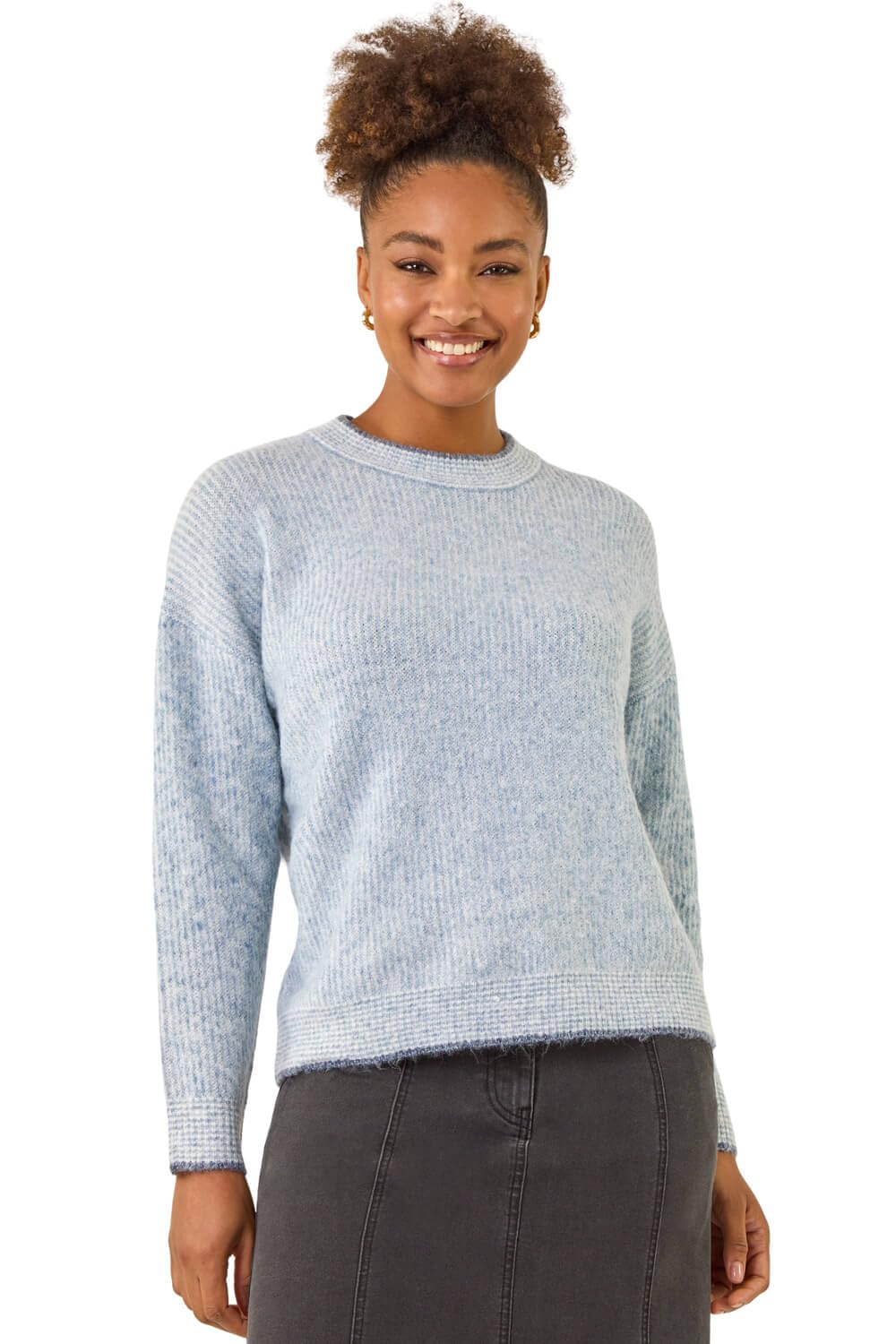 Roman Originals Women's Light Blue Stitch Detail Soft Knit Jumper For Uk - Everyday Autumn Winter Round Neckline Comfy Soft Evening Vacation Work Party Night Out - Size 12