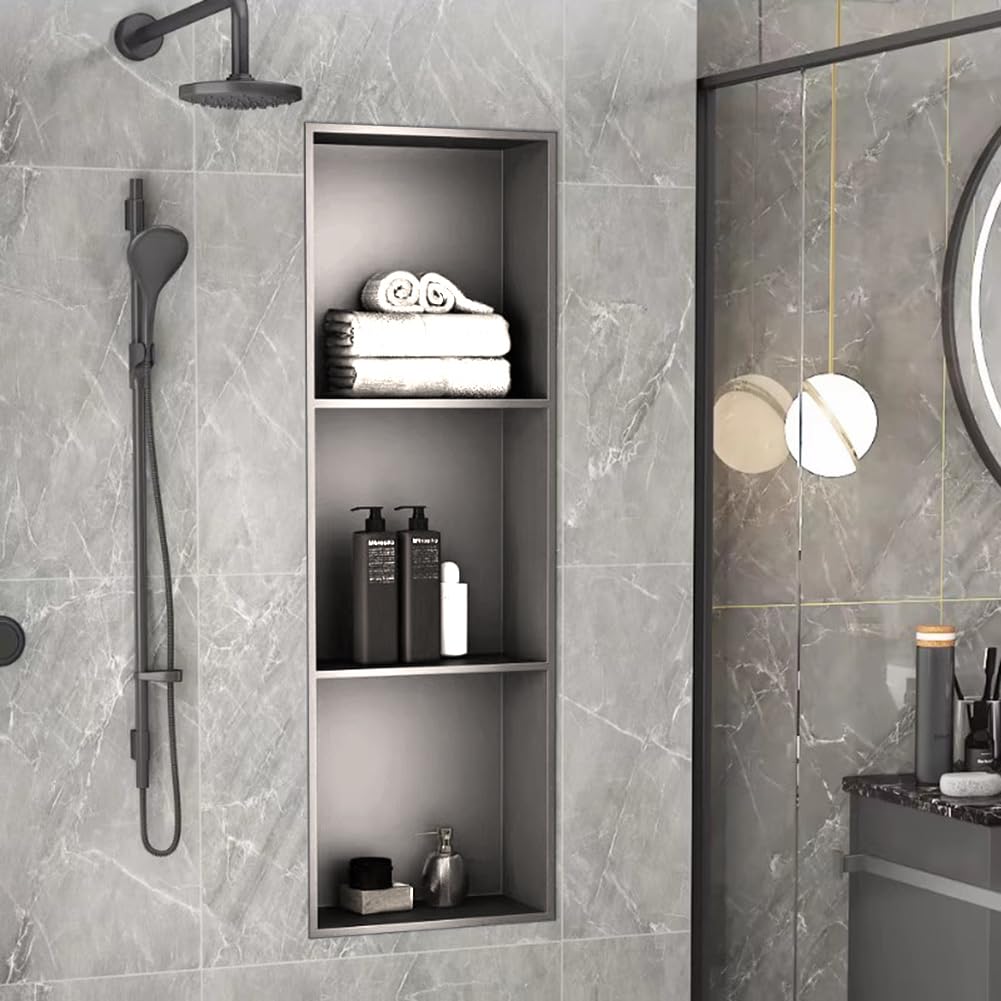 Étagère de douche 3 niveaux en acier inoxydable noir 28x12.5x90 cm