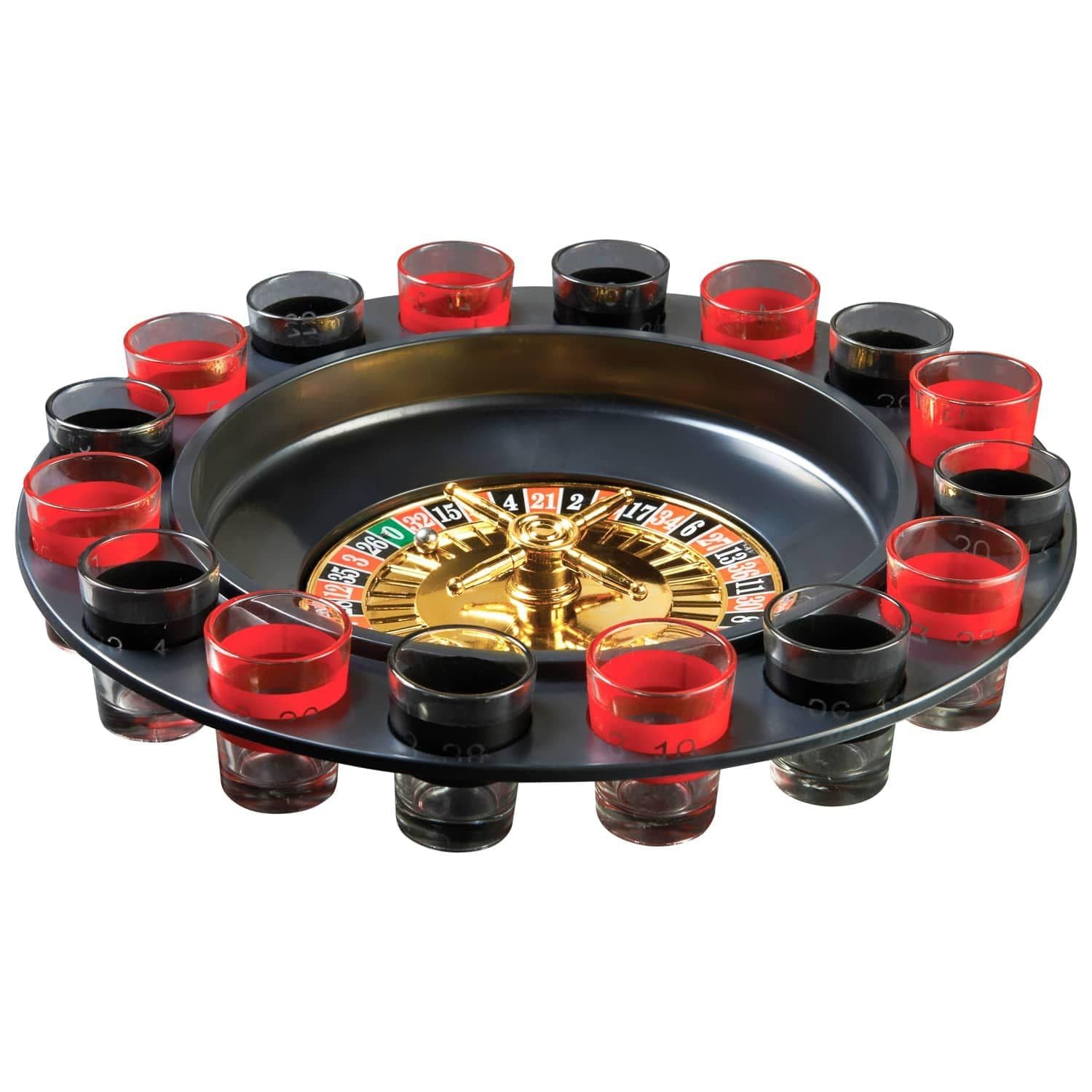DWELLTON - Roulette Drinking Game for Parties, 16 Black and Red Shot Glasses,Sturdy Roulette Spinning Game Set with 2 Metal Balls Included (Hen Party, Stag Party) (Drinking Roulette)