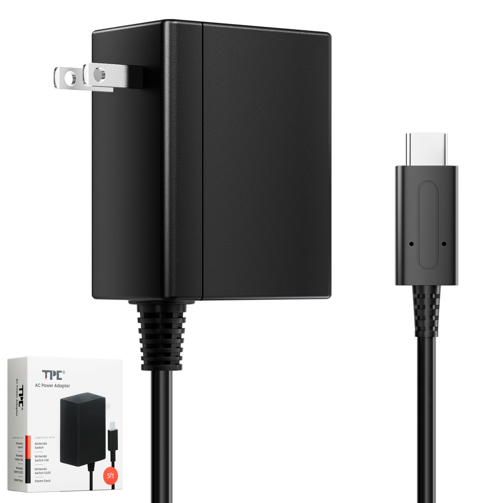 TPC 39W Charger for Nintendo Switch, 15V 2.6A AC Adapter Fast Charging with 5FT USB-C Cord, Compatible with Switch Lite, OLED, Steam Deck, Support TV Mode (Black)