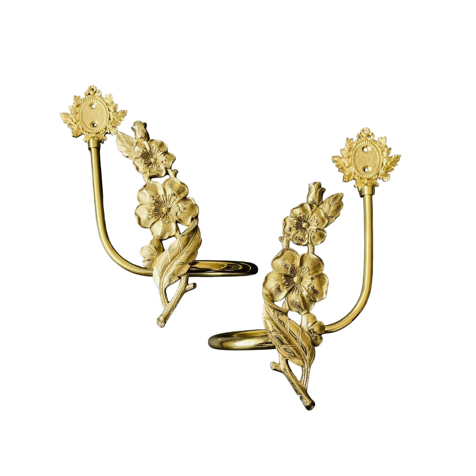 Curtain Drapery Holdbacks with Brass Flower, Wall Mount Drapery Hooks Holders, Set of 2, Gold