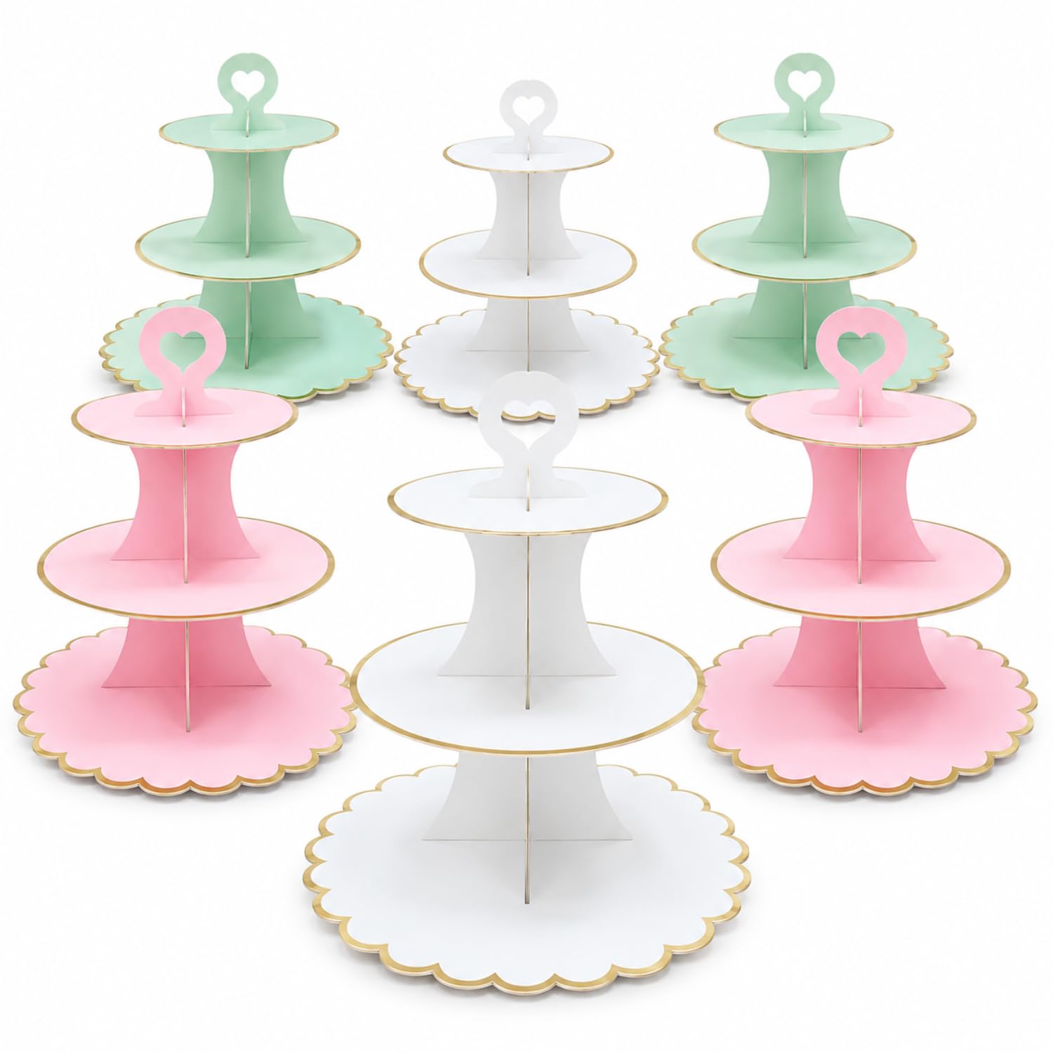 UKoosien 6 Pack Multicolor Cardboard Cake Stand 3 Tier, Afternoon Tea Stands for Wedding Baby Shower Birthday Party, Round Dessert Tower Display (white and pink green)