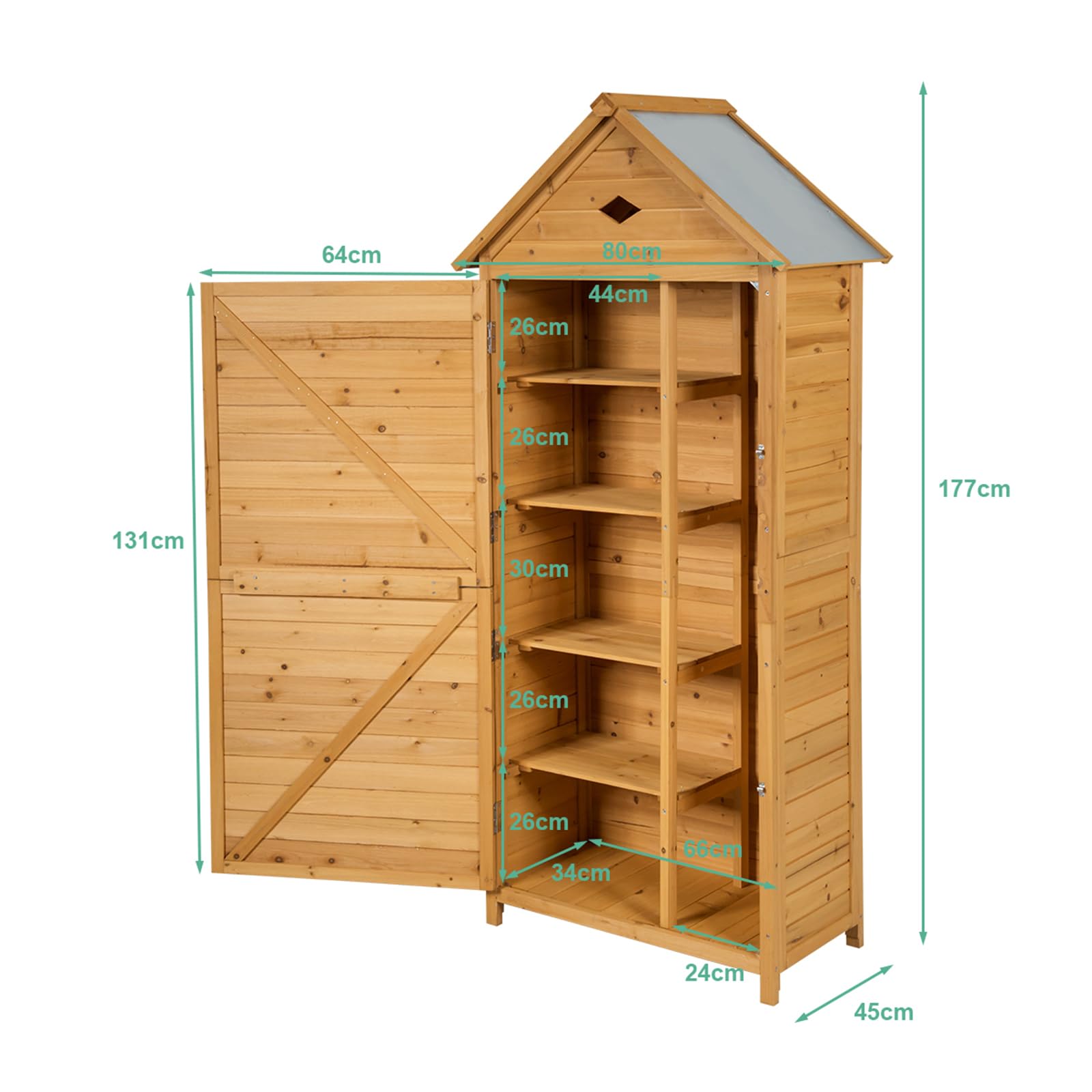 KOMFOTTEU Houten tuinkast, gereedschapsschuur voor buiten, weerbestendig, gereedschapsschuur met zadeldak, gereedschapskast, houten schuur met plank, opvouwbare tafel, 180 x 65 x 42 cm, naturel
