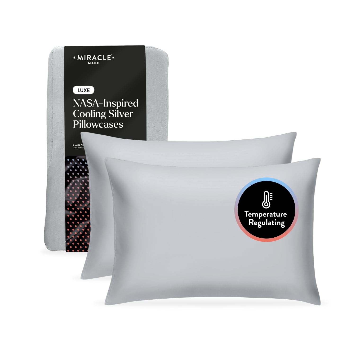 Miracle Made® Newly Improved Extra Luxe Cool IT™ Pillow Cases - 2 Pack Pillow Cases - 2 Pack Silver Grey,King/Cali King- Lyocell Silver-Infused 300-Thread-Count Thermoregulating Fabric