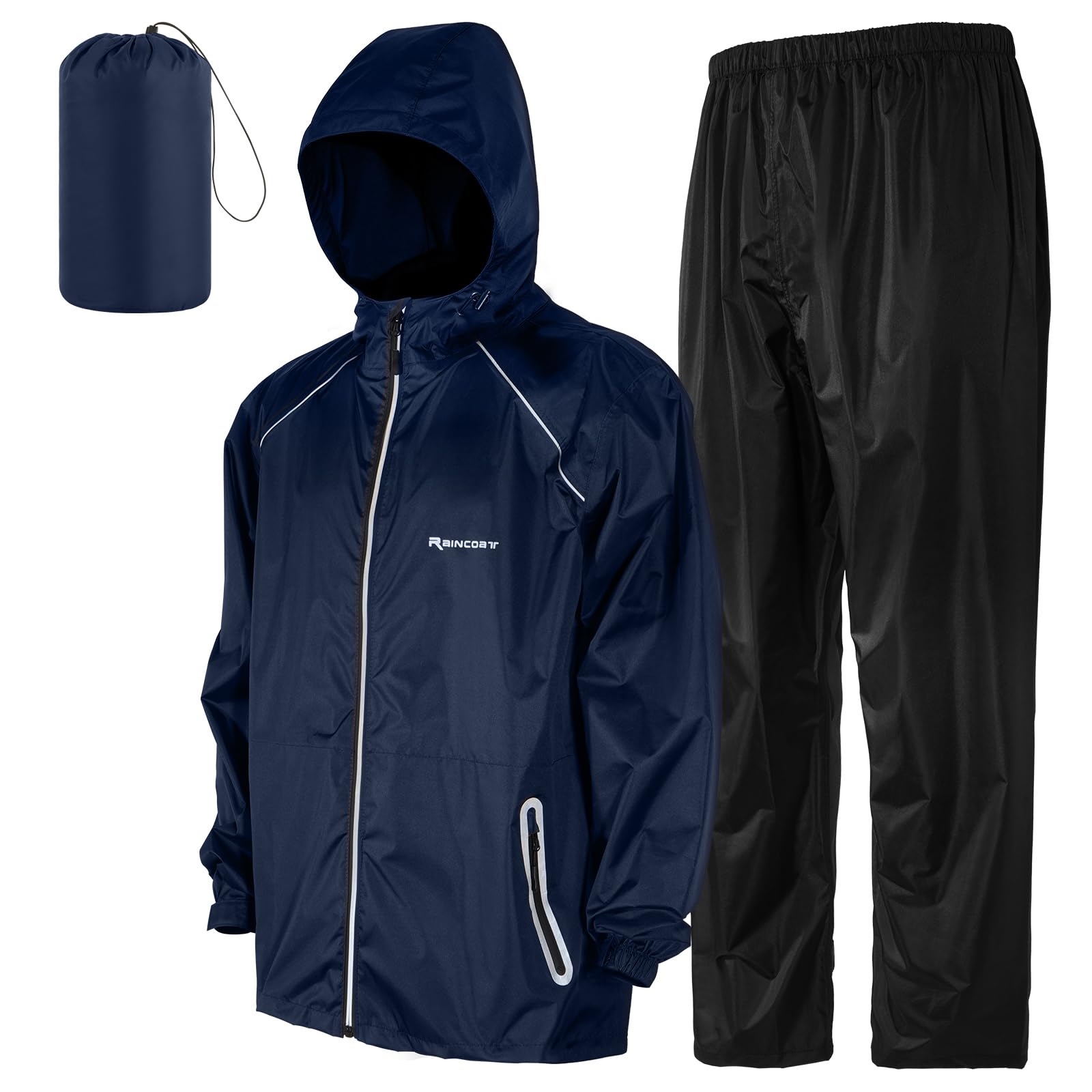 LAMA Combinaison de pluie pour homme et femme, veste de pluie imperméable et pantalon de pluie, vêtements de pluie lourds avec capuche et pochette de rangement, coupe-vent, léger, respirant, noir