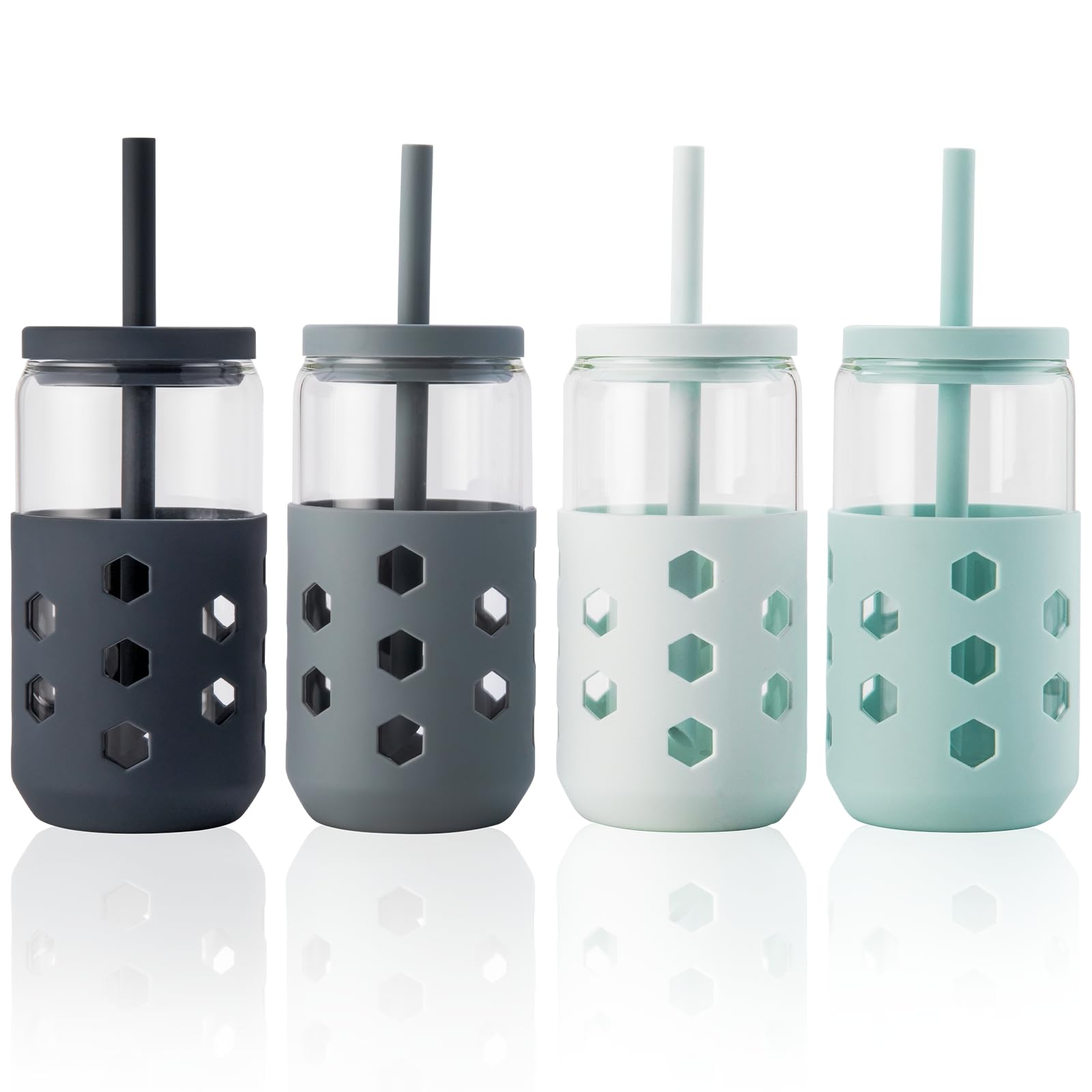 Mrsdry Glass Cups with Silicone Lids and Straws (4 Pcs), 475ml Drinking Glasses Set with Silicone Sleeves for Coffee Bar Accessories Iced Coffee Cups with Lids, Glass Tumbler Reusable for Gifts