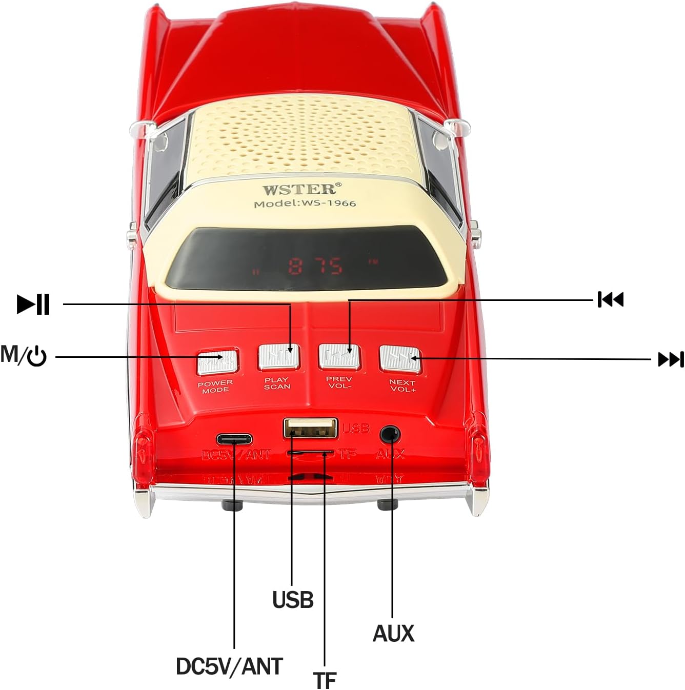 WSTER WS-1966 Retro Sedan Bluetooth Car Replica Speaker – HD Stereo, TWS, FM, USB/TF, LED Lights, Type-C – Portable Model Car Speaker with Mic for Office, Outdoors & Gifts(Red)