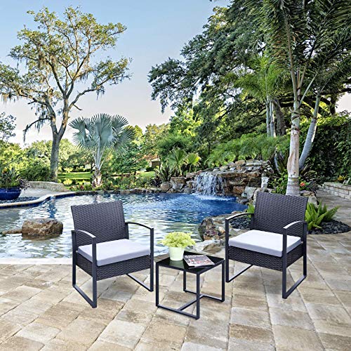 Viewee 3 Pieces Patio Rattan Sets, Modern Outdoor Furniture with 2 PE Rattan Chairs, 2 Thicker Cushions and 1 Square Metal Side Table for Indoor and Outdoor Porches, Decks and Balconies - Thumbnail 3