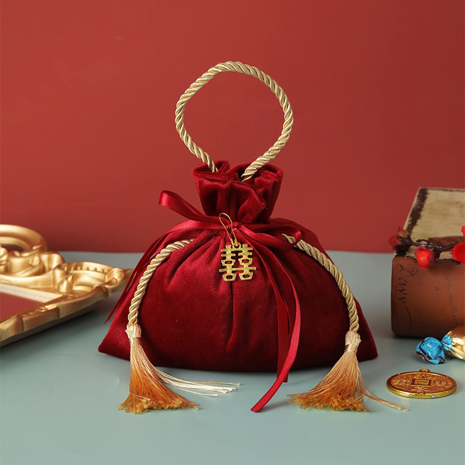 Sacs Cadeaux De Noël En Velours Rouge 6 Pièces - 14x10 Cm, Cordon De Serrage, Réutilisables - Idéal Pour Petits Cadeaux, Bonbons, Décoration