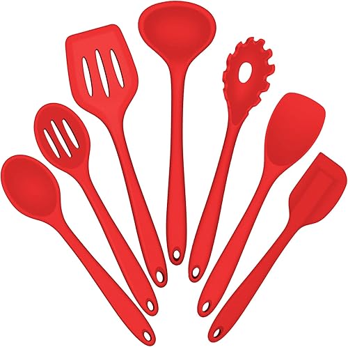 E-far - Juego de utensilios de cocina de silicona, 7 piezas, color rojo, resistentes al calor, herramientas antiadherentes, espátula, cucharón,