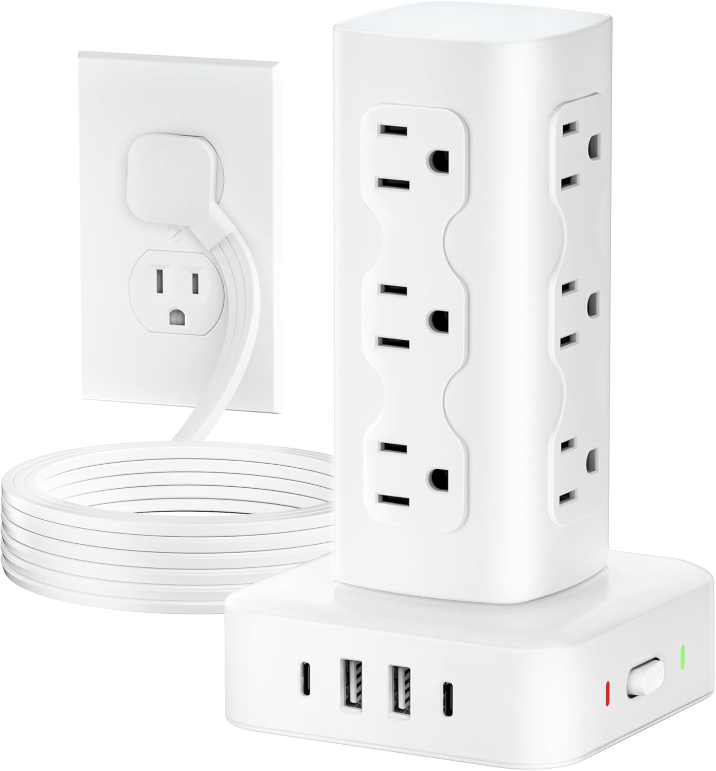 Power Strip Tower Surge Protector(2000J), Flat Plug Charging Station Tower with 12 AC Outlets & 4 USB Ports(2 USB C), 6FT Extension Cord for Home Office Dorm, White