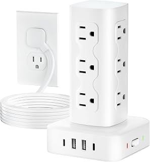 Power Strip Tower Surge Protector(2000J), Flat Plug Charging Station Tower with 12 AC Outlets & 4 USB Ports(2 USB C), 6FT Extension Cord for Home Office Dorm, White