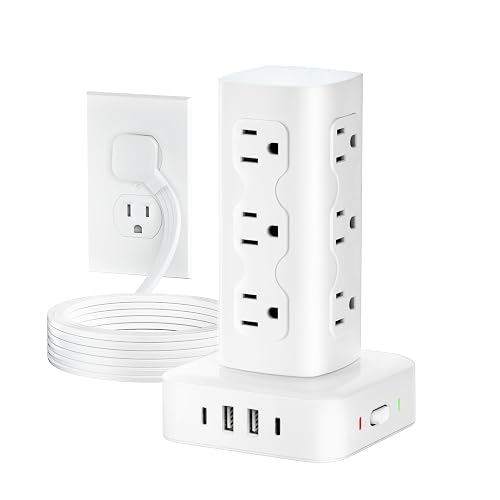 Power Strip Tower Surge Protector(2000J), Flat Plug Charging Station Tower with 12 AC Outlets & 4 USB Ports(2 USB C), 6FT Extension Cord for Home Office Dorm, White