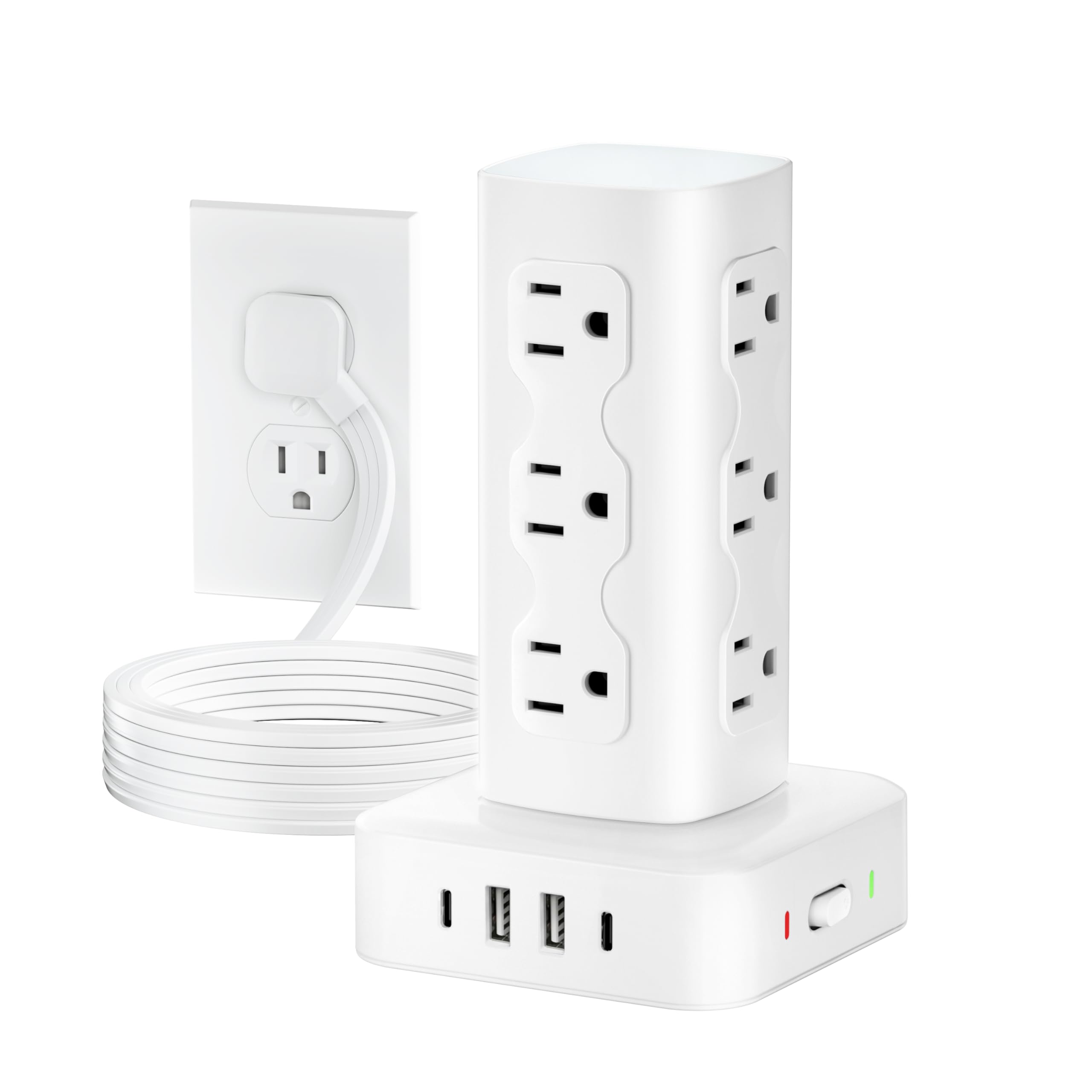 Power Strip Tower Surge Protector(2000J), Flat Plug Charging Station Tower with 12 AC Outlets & 4 USB Ports(2 USB C), 6FT Extension Cord for Home Office Dorm, White
