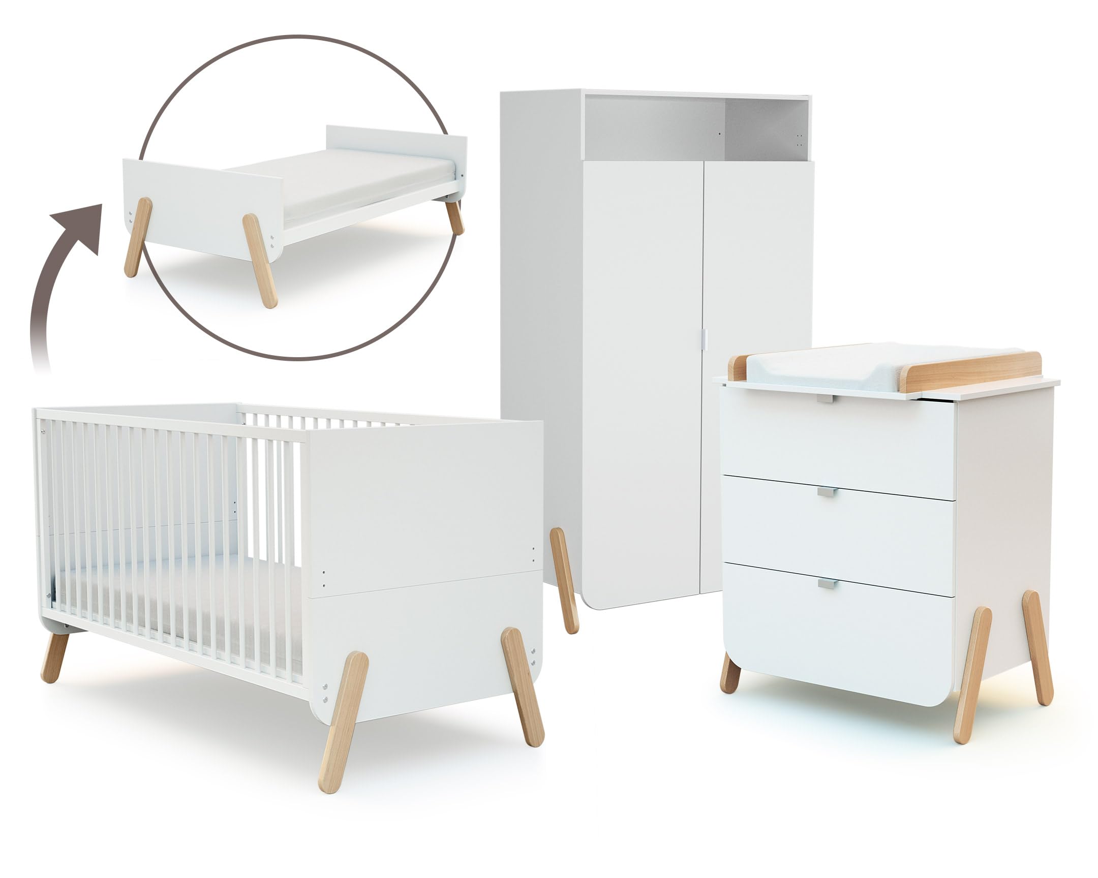 AT4 - Chambre bébé lit évolutif 70 x 140, commode à langer et armoire en bois PIRATE Blanc et Hêtre Verni | Armoire 6 étagères dont 4 réglables et une penderie | Plan à langer inclus