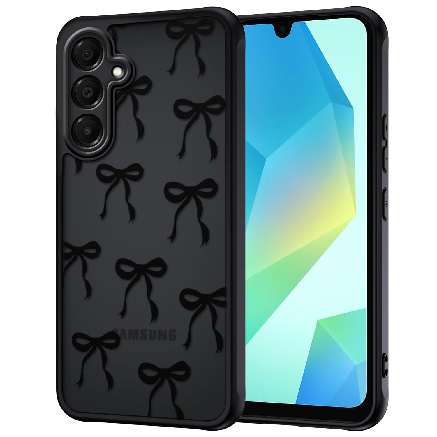 Handy Hülle für Samsung Galaxy A16 4G / 5G mit Vollständiger Kameraschutz, Aesthetic Motiv Schleifen Muster Handyhülle Anti-Fingerabdruck Matt Transluzente Rückseite Stoßfest Kratzfest Case, Schwarz