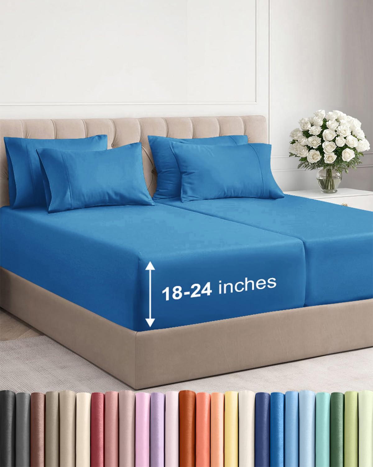 CGK Extra Deep Split King Sheet Set - 7pc Cooling Sheets - Denim Blue