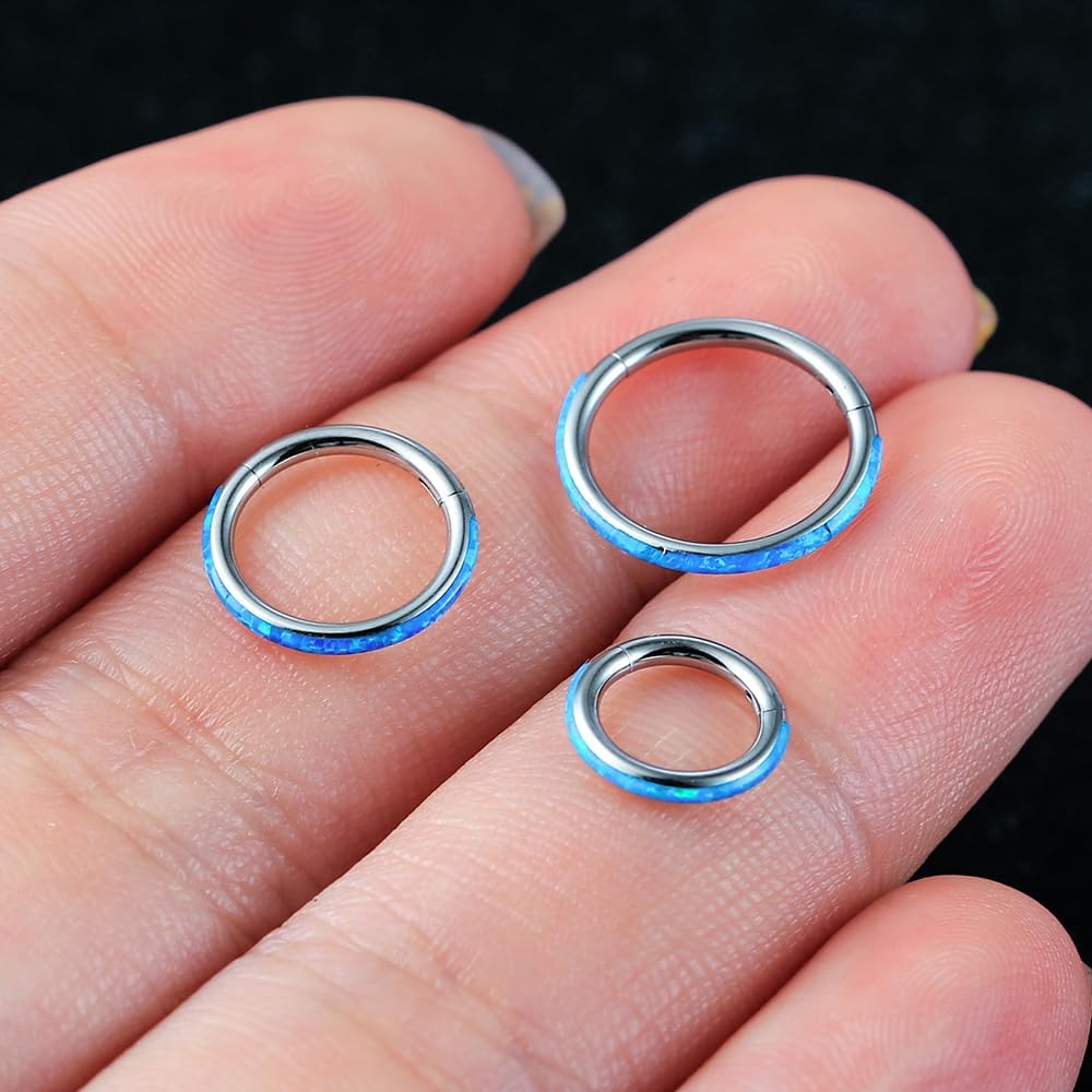 1PC ASTM F136 Titanium Opal Nose Rings Hoops,16g Hinged Septum Rings Seamless for Women Conch Helix Daith Earrings Piercing Jewelry Blue Pink white 6mm/8mm/10mm - Image 3